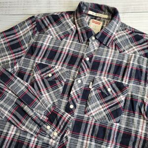 Levis Pearl Snap Plaid Flannel Shirt‎ Navy Gray Red Mens Large Missing Buttons